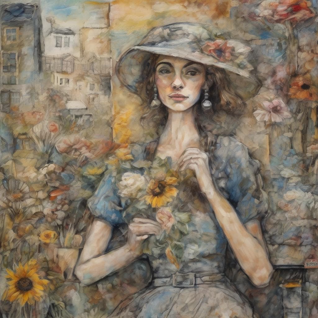 Λίγο μαγευτικό πορτρέτο γυναίκας με καπέλο και λουλούδια, αυθεντική τέχνη, εκφραστικότητα και αισθητική.