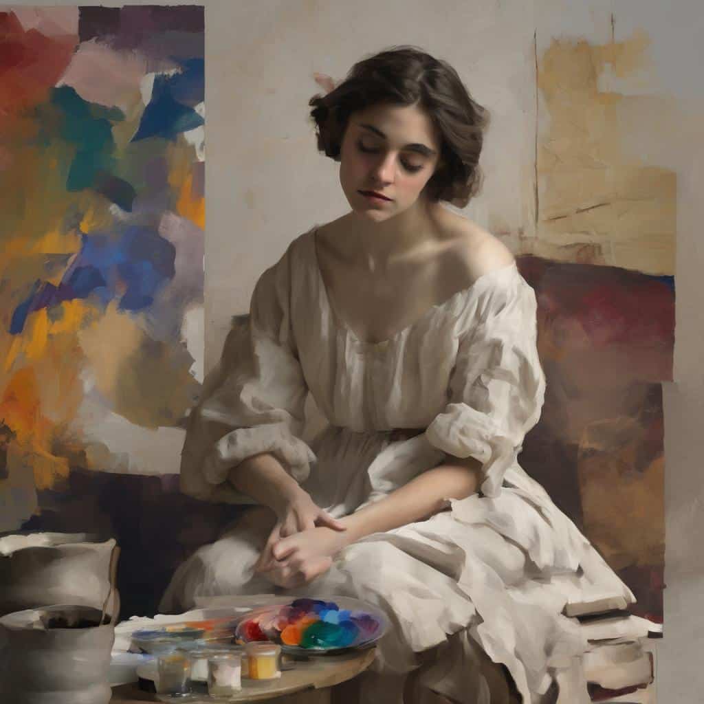 Απλή γυναίκα σε στούντιο με καμβά και χρώματα, εκφραστική και ήσυχη, δημιουργεί τέχνη με ήρεμη δύναμη και εσωτερική συγκέντρωση.