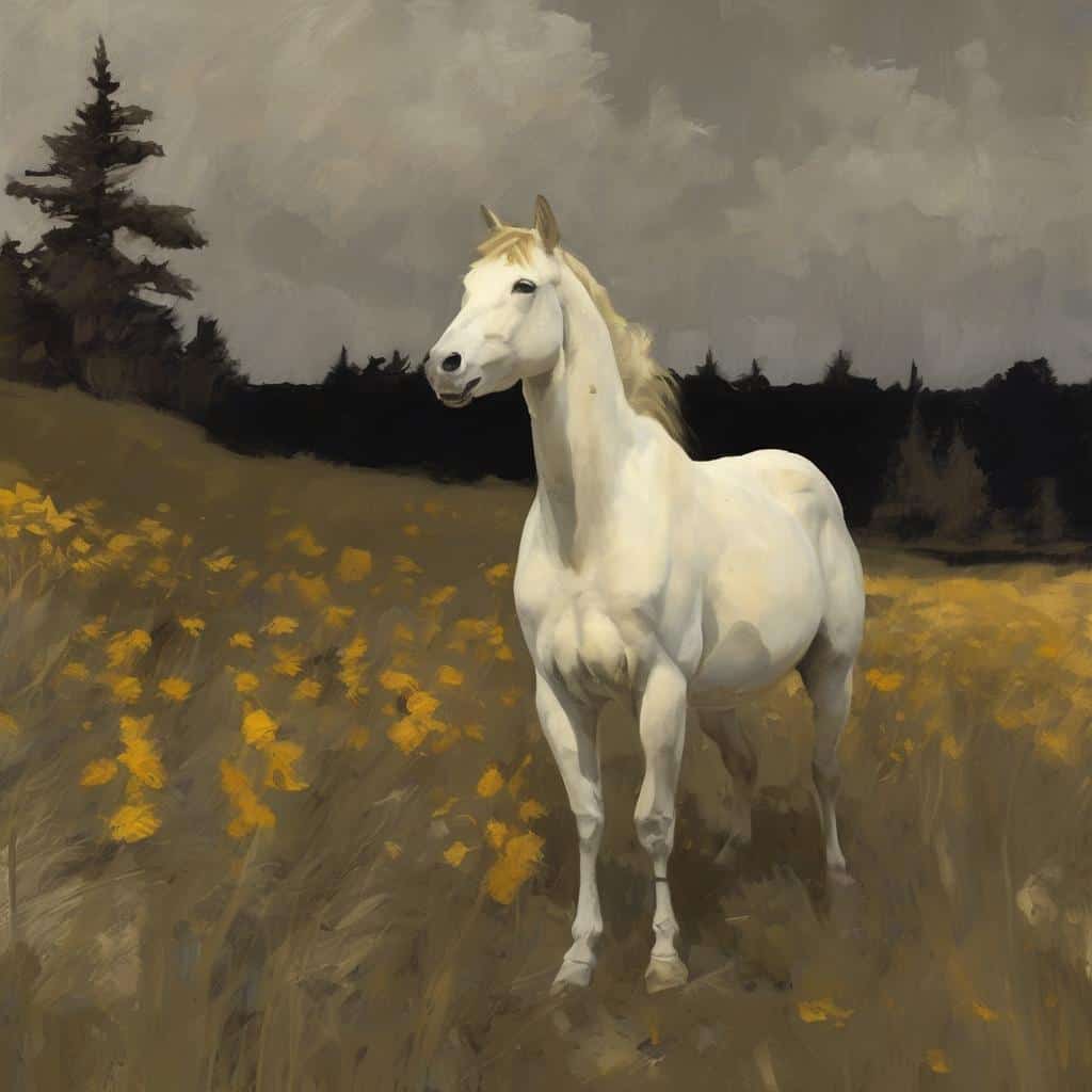 Λευκό άλογο σε αγροτική τοποθεσία με δέντρα και λουλούδια, σύμβολο σιωπηλής δύναμης και εσωτερικής ηρεμίας.