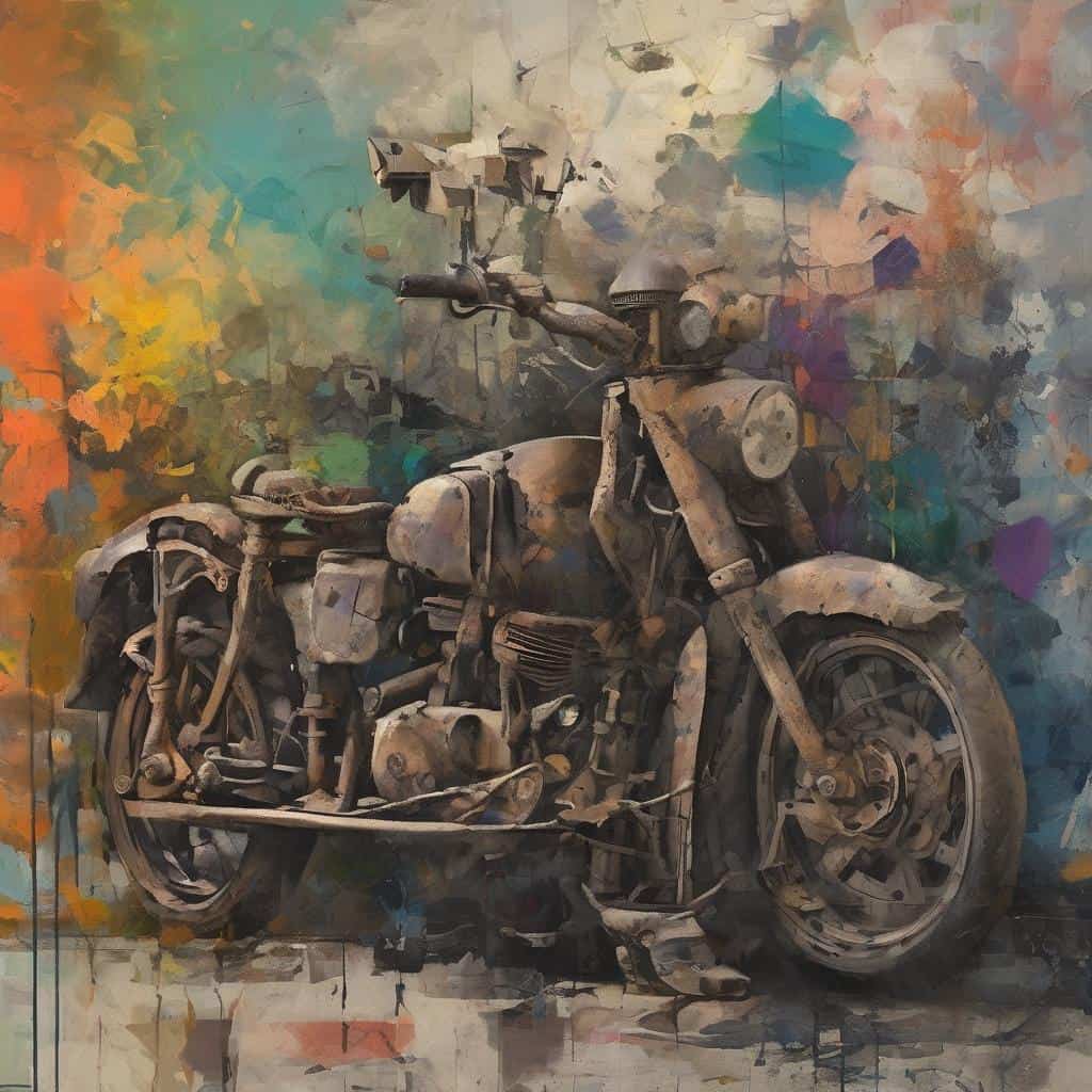 Φωτογραφία από παλιά μοτοσικλέτα σε αφαιρετικό, ζωγραφικό στυλ, με χρωματική κολ姐σιά και καλλιτεχνική υφή.