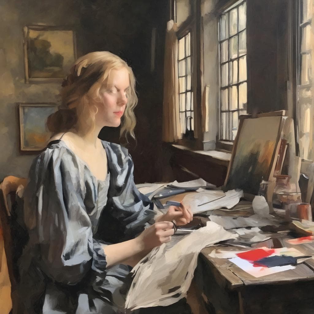 Χαρακτικό στιγμιότυπο με καλλιτέχνη να δημιουργεί ζωγραφικά έργα σε φωτεινό εργαστήριο.