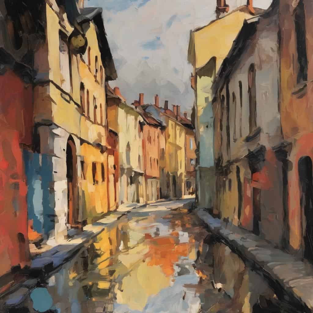 Γειτονιά με πολύχρωμα σπίτια και ήρεμο κανάλι κάτω, σε καμβά με εντυπώσεις και ζωντάνια.